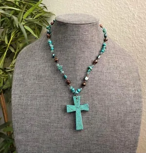 Bohemian Hippie Boho Faux Turquoise Beaded Stone Teal Necklace Brown #Navajo #Southwestern #indie Measurement in pics thumbnail 1