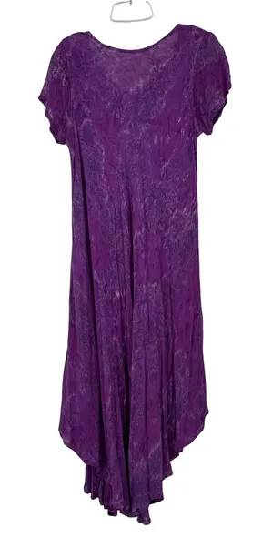 Purple Tie‎ Dye Maxi Dress Bohemian Festival Flowy Asymmetrical Hem Short Sleeve thumbnail 1