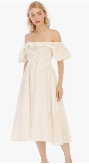 Boutique Womens Summer Floral Print Puff Sleeves Vintage Ruffles Midi Dress, Lightyellow, Small thumbnail 1