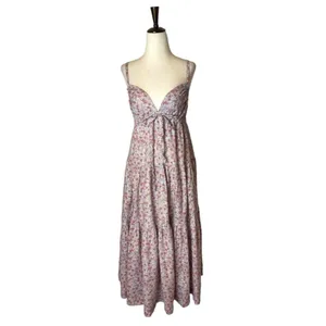 Rebecca Taylor La Vie Pink Metallic Gold Thread Floral Print‎ Eva Midi Dress S thumbnail 3
