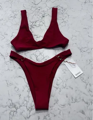 New Quince Cherry Red Italian Plunge Bikini Top & High-Leg Ring Bikini Bottom XS thumbnail 1