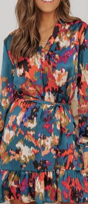NEW Deep Turquoise Abstract Multicolor Print Belted Ruffle Satin Mini Dress thumbnail 1