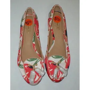 New Womens Authentic Coach Flats Satin Leather 5.5 6 Red Ivory Tassels Shoes Log thumbnail 2