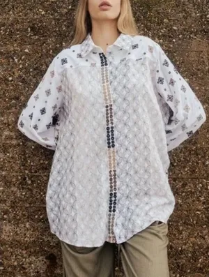 Soft Surroundings Gauze‎ Top Womens 1X White Embroidered Leopard Cotton Blouse thumbnail 1