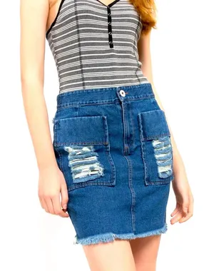 POL L Women Distressed Blue Jean Front Patchwork Pockets Button Zip Denim Skirt thumbnail 1