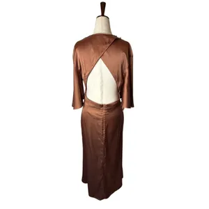 BHLDN Anthropologie Midi Dress Women Medium Brown NWT Satin Open Back Side Slit thumbnail 3
