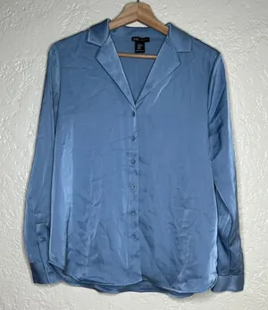 Jones New York Women's Blue Satin Long Sleeve Button‎ Career Blouse Size XS thumbnail 1