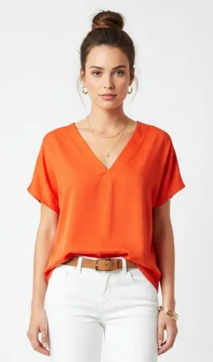 DKNY Orange V Neck Short Sleeve Blouse Top NEW L thumbnail 1