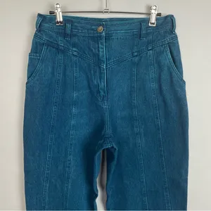 Vintage Jeans Yoke Front Seams Blue Greenish‎ Women Mom Jeans Unique Retro Dyed thumbnail 4