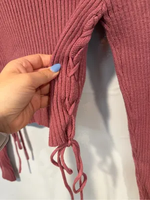 Altar’d State Ribbed Mock Neck Side-Tie‎ Crop Top - Dusty Rose thumbnail 2