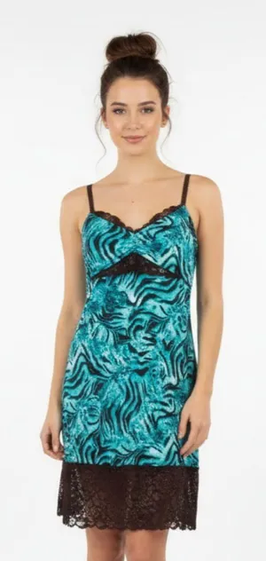 Josie Natori Blue & Brown Print Sleeveless Slip Sleep Dress L thumbnail 1