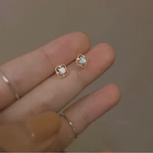 18K Gold Plated Hollow Mini Small Opal Stud Earrings for Women thumbnail 2