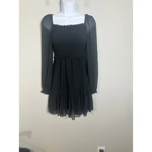 Aritzia Wilfred Black Tempest Chiffon Smocked Mini Dress Sheer Sleeve Size XS thumbnail 4