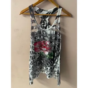 Vtg Y2K Papaya Sheer Striped Rhinestone Floral Animal Print Graphic Tank Sz S thumbnail 9