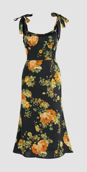 Cider Black Floral Corset Mermaid Midi Dress thumbnail 1