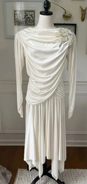 Vintage 80s Susan Roselli for Vijack Grecian Goddess Slinky Dress Ivory Rhinesto thumbnail 1