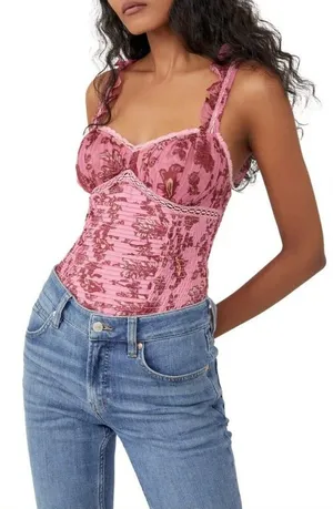 FREE PEOPLE Womens Small Weekend Plans Bodysuit In‎ Hot Pink Combo Floral New thumbnail 1