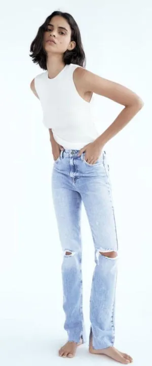 ZARA FLARED RIPPED SLIM FIT JEANS thumbnail 1