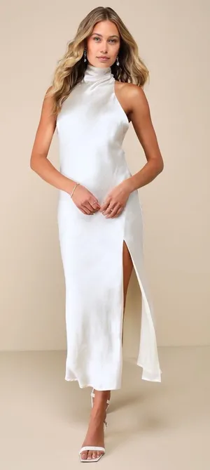 NWT Lulus Exceptional Status Ivory Halter Backless Slip Midi Dress Banquet Sz S thumbnail 1