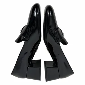 Prada Patent Square Front Enamel Logo Loafer Pump Black Size 37.5 thumbnail 6