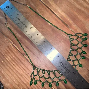 Green Beaded Statement Bib Necklace, Vintage Art Nouveau Summer Spring Jewelry thumbnail 3