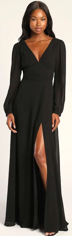 Lulus Love You So Black Long Sleeve Maxi Dress Size Medium NWT V Neck Tie Back thumbnail 1