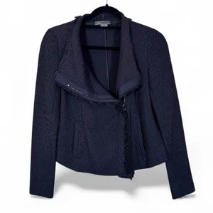 Vince Navy Blue Tweed Asymmetrical Zip Blazer Jacket Womens XS Preppy Classic thumbnail 2