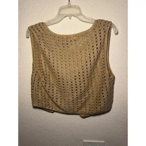Nicole by Nicole Miller Tan Crochet Knit Vest Pointelle V-Neck Single Button L thumbnail 3