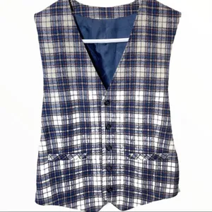 Pendleton Wool Vest 5 Button Down Pockets Plaid Navy Blue Cream Small 34R thumbnail 2