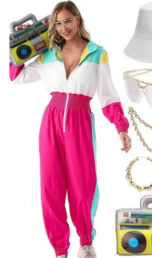 Neon 80s 90s Jumpsuit Outfit Tracksuit Halloween Costume Party Accessories SMALL thumbnail 1