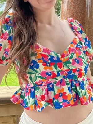 FORE Vibrant Floral Puff Sleeve Indie Peplum Fairycore Crop Top size medium thumbnail 1