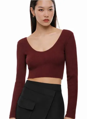 Aritzia Babaton Sculpt Knit Scoopneck Longsleeve‎ – Burgundy Maroon – Size M thumbnail 1