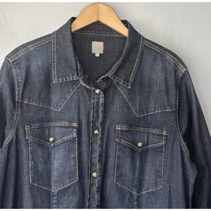 Jag Pearl Snap Western Denim Shirt Size XL Dark Blue Jean Fitted Cowgirl Chic thumbnail 3