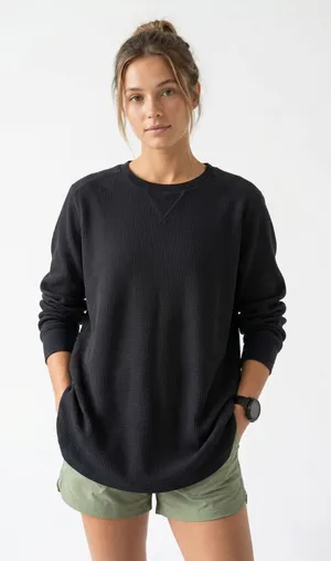 Heavyweight Waffle Knit Thermal Crewneck - Black (80% Cotton / 20% Poly) thumbnail 1