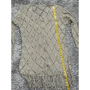 Womens Crochet Knit Cardigan Long Duster Metallic Beige Fringe Boho Cover Up L thumbnail 12