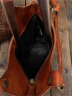 NWOT- Vintage Genuine Tooled Leather Whipstitched Mini Tote Bag Cognac thumbnail 5