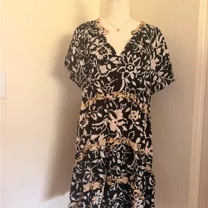 Anthropologie Black Floral Mini Dress with Beige Trim thumbnail 12