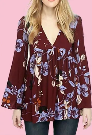 Free People Bella Tunic Purple Long Sleeve Boho‎ Blouse Womens Size XS thumbnail 1