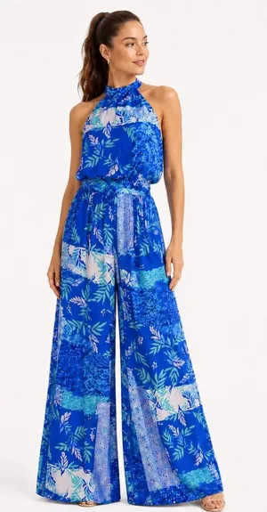 Flying Tomato Blue Tropical Halter Wide Leg Jumpsuit Size L thumbnail 1