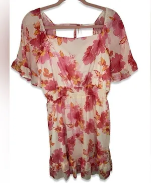 PEACH LOVE CALIFORNIA floral flutter sleeve tired ruffle hem mini dress thumbnail 4