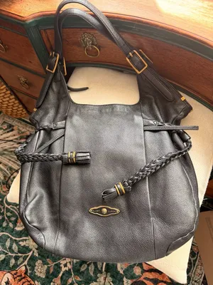 Black Leather Large Boho Hobo Shoulder Bag With Braided Tassels Gold Hardware thumbnail 1