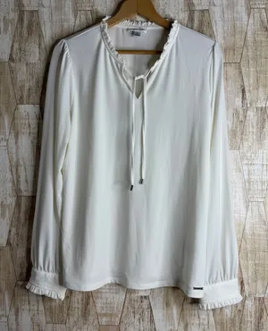 Calvin Klein Womens White Long Sleeve Ruffle Neck‎ Tie Blouse Top Plus Size L thumbnail 1