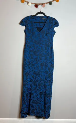 Zac Posen blue and black floral jacquard cap sleeve gown thumbnail 2