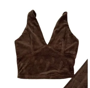 NIA - V Neck Sleeveless Velour Tank & Wide Leg Pants in Chocolate Brown thumbnail 3