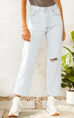 Levis Ribcage Straight Ankle Jeans Summer Space Ripple Medium Wash Blue Women thumbnail 1