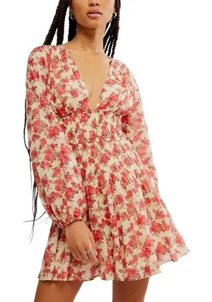 Free People‎ Keep You Mine Floral Printed Mini Dress Boho Long Sleeve Small thumbnail 1