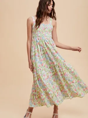 Floral Smocked Tiered Midi Dress Pink Blue Green Print Large thumbnail 2