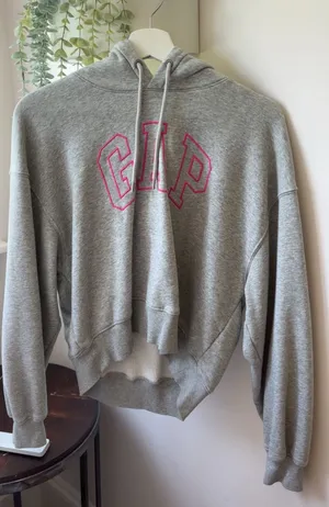 Gray Gap hoodie with pink outlined 'GAP' logo, size XS thumbnail 1