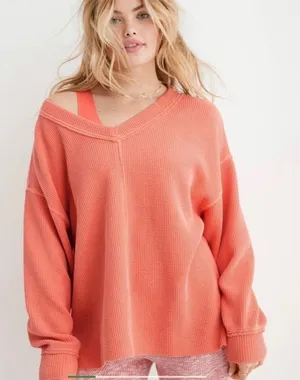 Aerie Wonder Peach Coral V-Neck Sweatshirt thumbnail 1