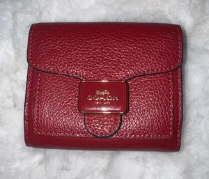 Coach Pepper Pebbled Leather Compact Wallet in Deep Red with Gold Hardware thumbnail 1